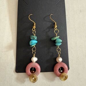 Chic Gold and Pink Dangle Earrings with Turquoise